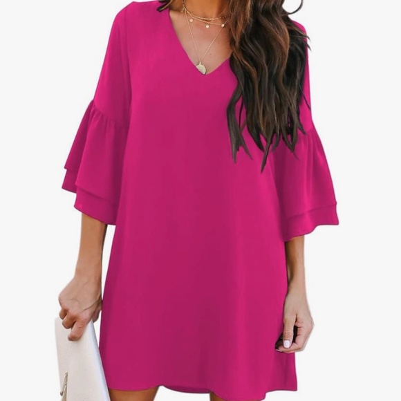 Shift Dress with Bell Sleeve and V-neck - Picture 1 of 5